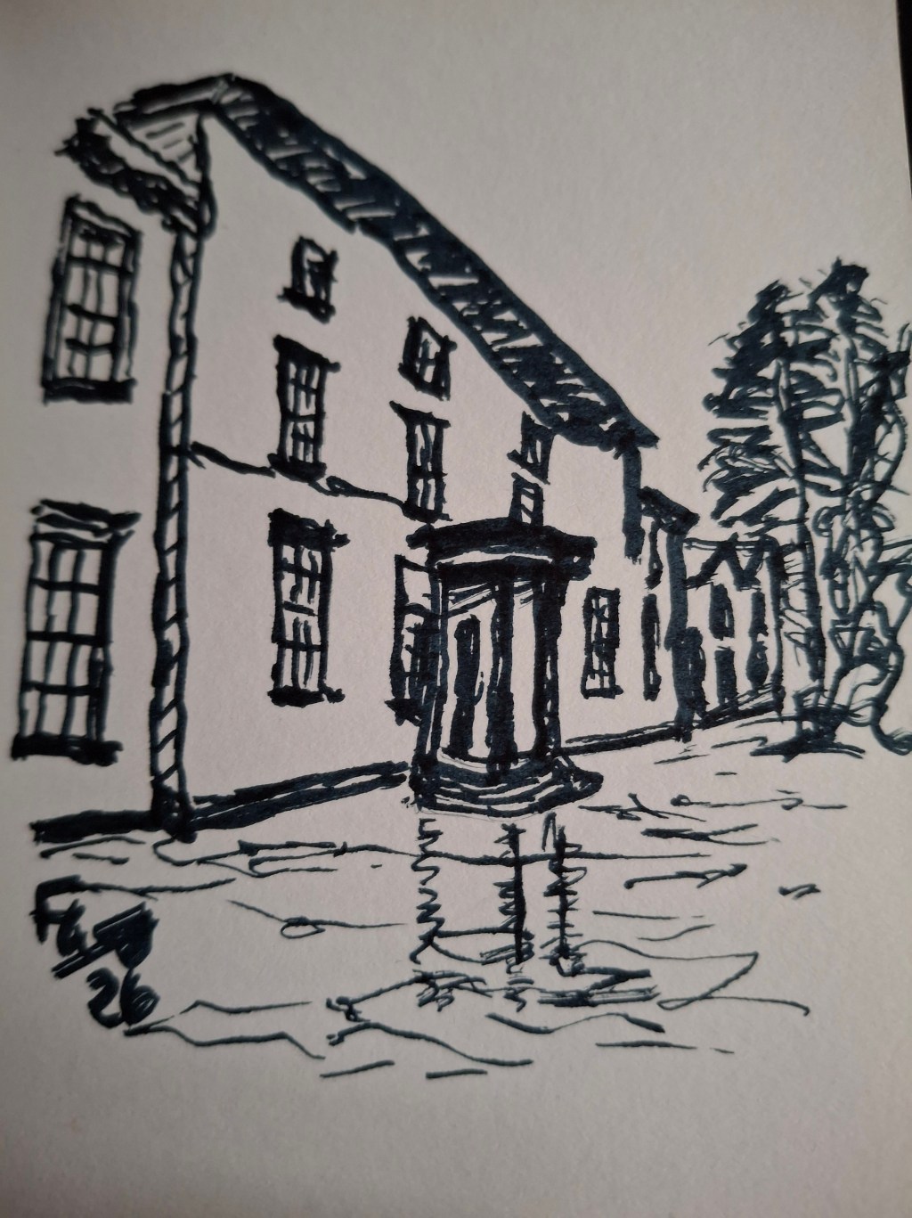 pen sketch of a large Georgian style building with a portico porch and three storeys of windows