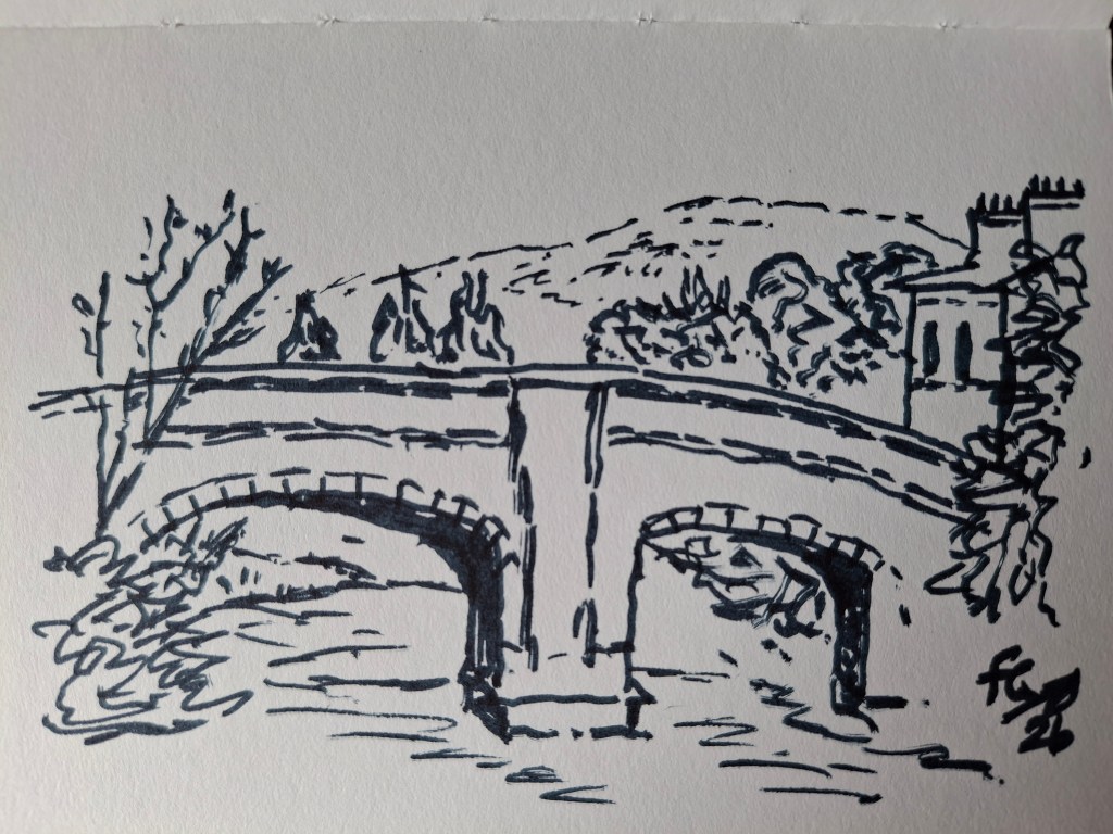 pen and ink sketch of an old bridge over a river with hills in the background