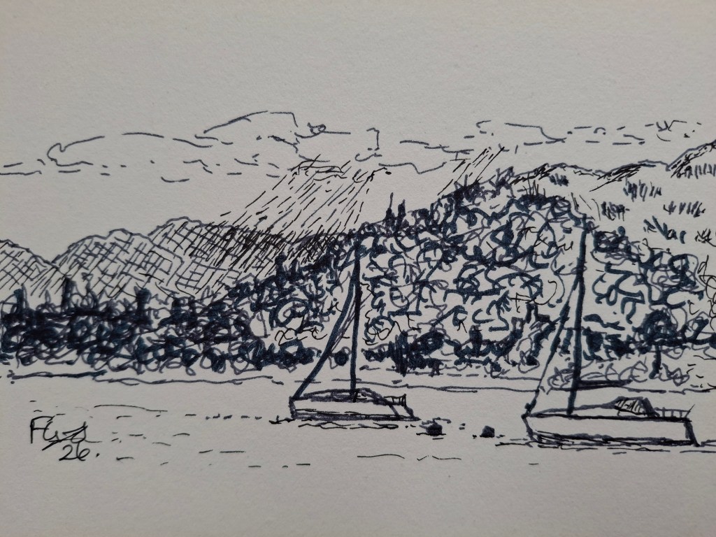 pen and ink sketch of yachts on Windermere on a showery day